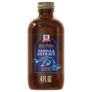 A brown glass bottle of Mccormick Harry Potter Vanilla Extract, 4 Fl Oz, features a special edition blue label celebrating 25 years of magic.