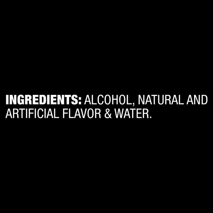 The image shows the ingredient list for a product, which includes alcohol, natural and artificial flavor, and water.