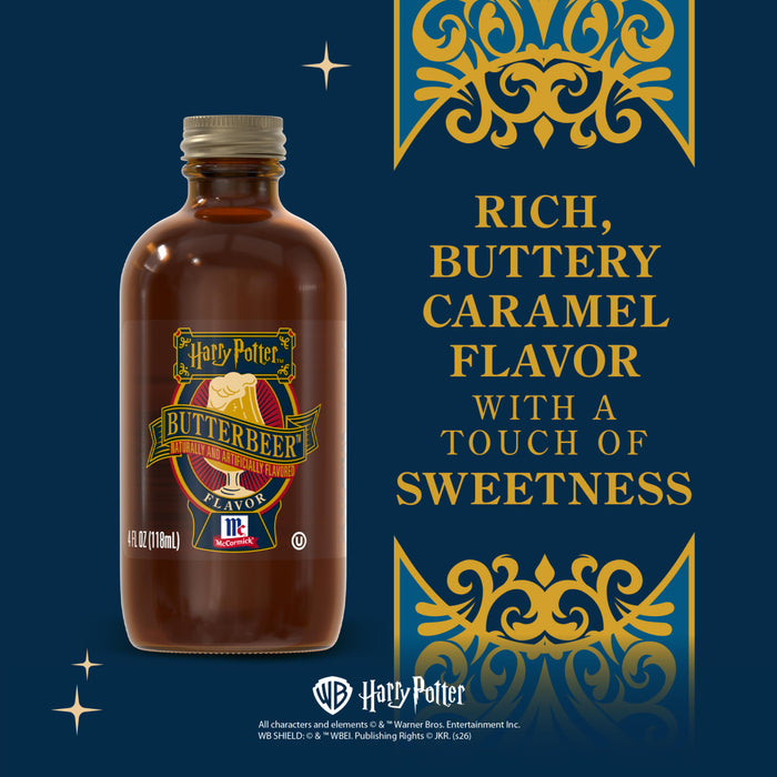 A bottle of McCormick Butterbeer Flavor is displayed, promising a rich, buttery caramel flavor with a touch of sweetness.