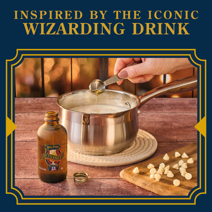 A bottle of McCormick Butterbeer Flavor is shown next to a saucepan where someone is adding more flavoring, suggesting a recipe inspired by the wizarding drink.