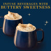 Two blue mugs filled with whipped cream and brown sugar, under the words "Infuse beverages with buttery sweetness."