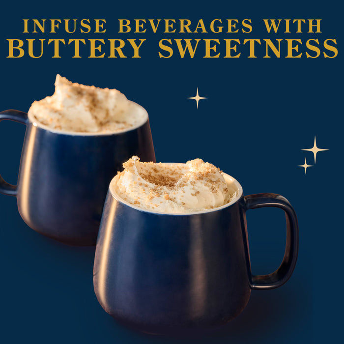 Two blue mugs filled with whipped cream and brown sugar, under the words "Infuse beverages with buttery sweetness."