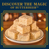 Discover the magic of Butterbeer, featuring a stack of Butterbeer-flavored rice crispy treats on a white plate.
