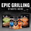 An advertisement for McCormick Grill Mates features a lineup of seasonings and marinades, including the Mccormick Grill Mates Bourbon &amp; Oak Seasoning Ground 3.37 Oz, with the text Epic Grilling Starts Here above them.