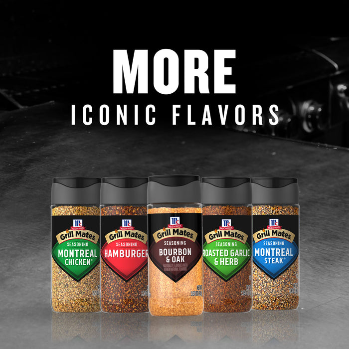 A lineup of five McCormick Grill Mates seasonings, including a central bottle of Mccormick Grill Mates Bourbon &amp; Oak Seasoning Ground 3.37 Oz, is displayed under the words MORE ICONIC FLAVORS.