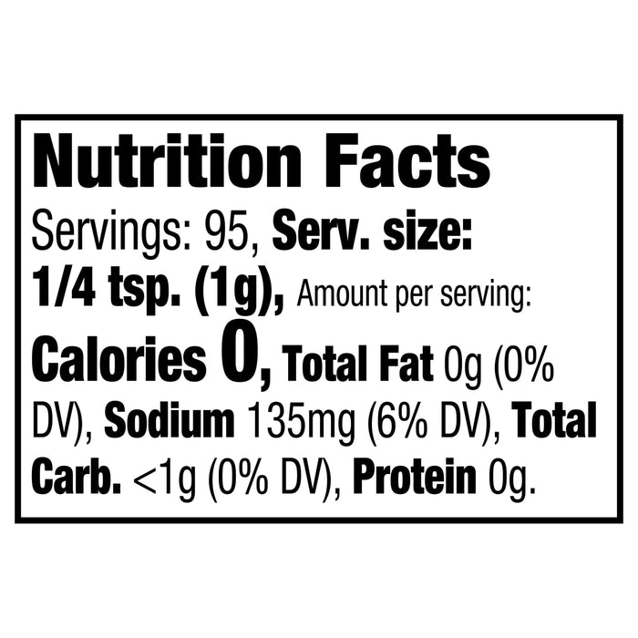 The image shows a nutrition facts label with 95 servings per container and 0 calories per 1 4 teaspoon serving.
