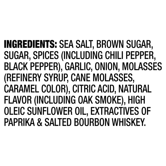 The image displays the ingredient list for a food product, including sea salt, brown sugar, spices, molasses, and salted bourbon whiskey.