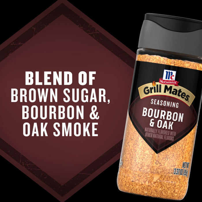 A bottle of Mccormick Grill Mates Bourbon &amp; Oak Seasoning Ground 3.37 Oz is featured next to text highlighting its flavor profile as a blend of brown sugar, bourbon, and oak smoke.