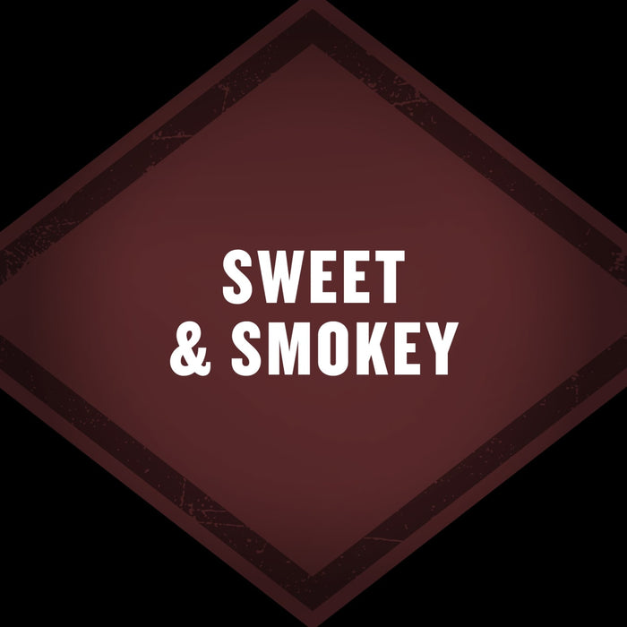 A graphic illustration with the words Sweet &amp; Smokey highlights the flavor profile of Mccormick Grill Mates Bourbon &amp; Oak Seasoning Ground 3.37 Oz.