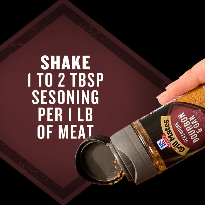 A hand shakes a bottle of Mccormick Grill Mates Bourbon &amp; Oak Seasoning Ground 3.37 Oz, with on-screen text instructing to use 1 to 2 tablespoons per pound of meat.