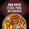 A plate of grilled pork and potatoes prepared with Mccormick Grill Mates Bourbon &amp; Oak Seasoning Ground 3.37 Oz, with text that reads, Rub onto steak, pork, or chicken.