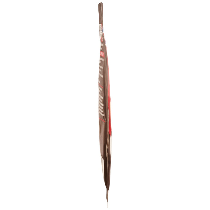 A side view of a thin, dark brown and red packet of Mccormick Caramelized Onion Au Jus 1 Oz.