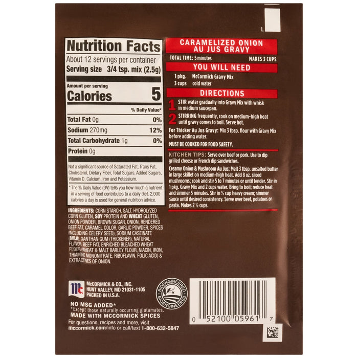 A brown and red package of Mccormick Caramelized Onion Au Jus 1 Oz gravy mix, featuring nutrition facts, ingredients, and cooking directions.