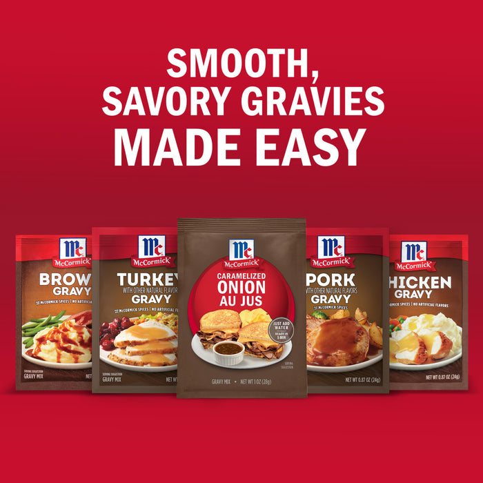 A variety of McCormick gravy mixes are displayed with the text Smooth, Savory Gravies Made Easy.