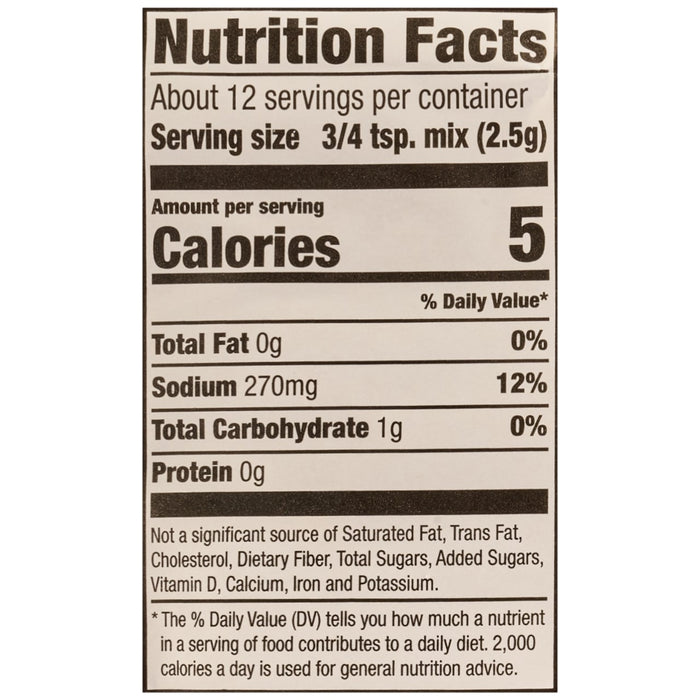 A detailed nutrition facts label for Mccormick Caramelized Onion Au Jus 1 Oz, showing 5 calories per serving, 270mg sodium, and 1g total carbohydrate.