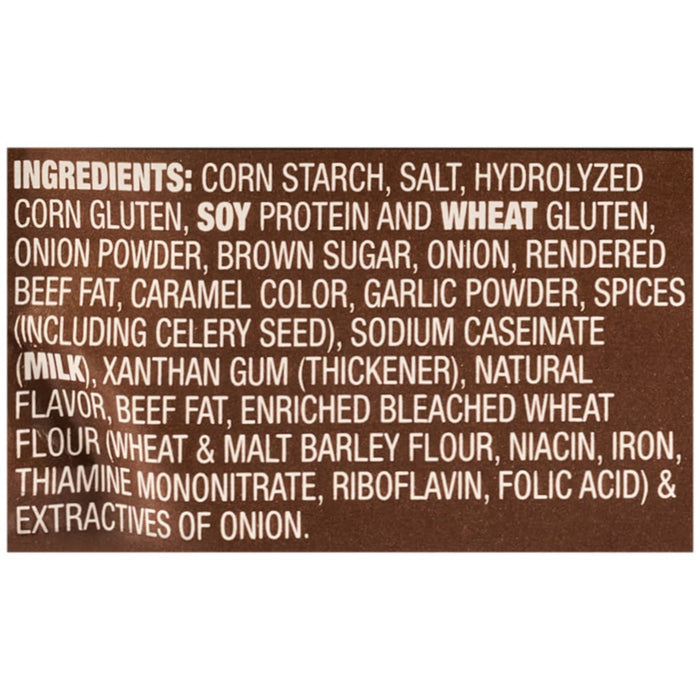 The image displays the detailed ingredients list for Mccormick Caramelized Onion Au Jus 1 Oz, including corn starch, salt, hydrolyzed corn gluten, soy protein, wheat gluten, and other components.
