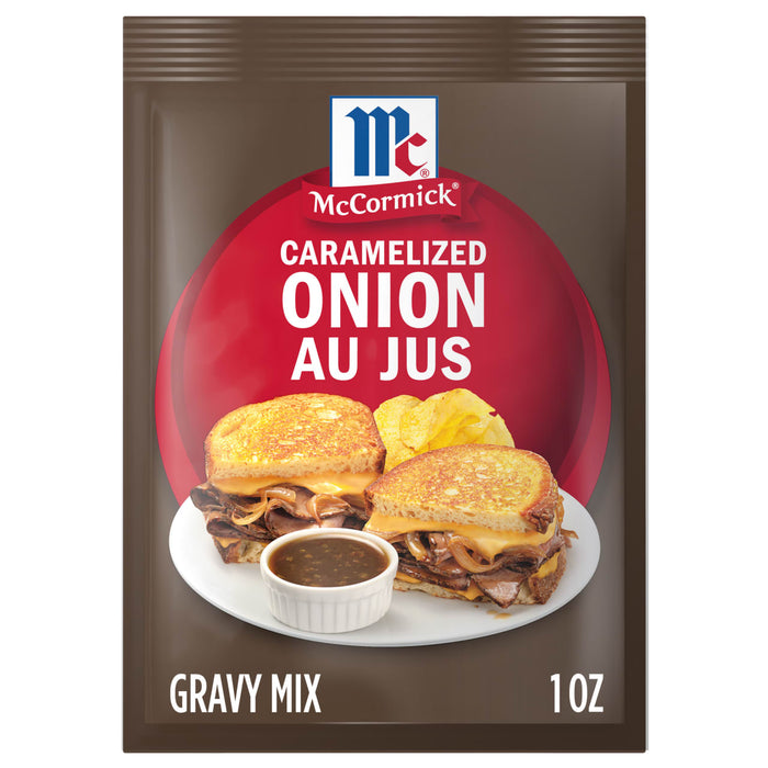 A packet of McCormick Caramelized Onion Au Jus gravy mix is displayed, featuring a sandwich with melted cheese and a side of gravy.