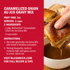 McCormick Caramelized Onion Au Jus Gravy Mix recipe instructions are shown next to a photo of a hand dipping a sandwich into gravy.