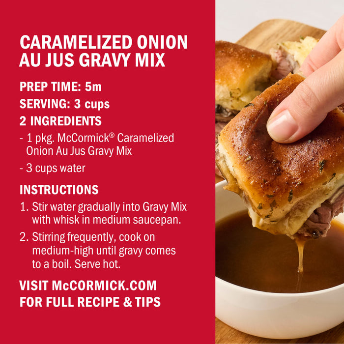 McCormick Caramelized Onion Au Jus Gravy Mix recipe instructions are shown next to a photo of a hand dipping a sandwich into gravy.