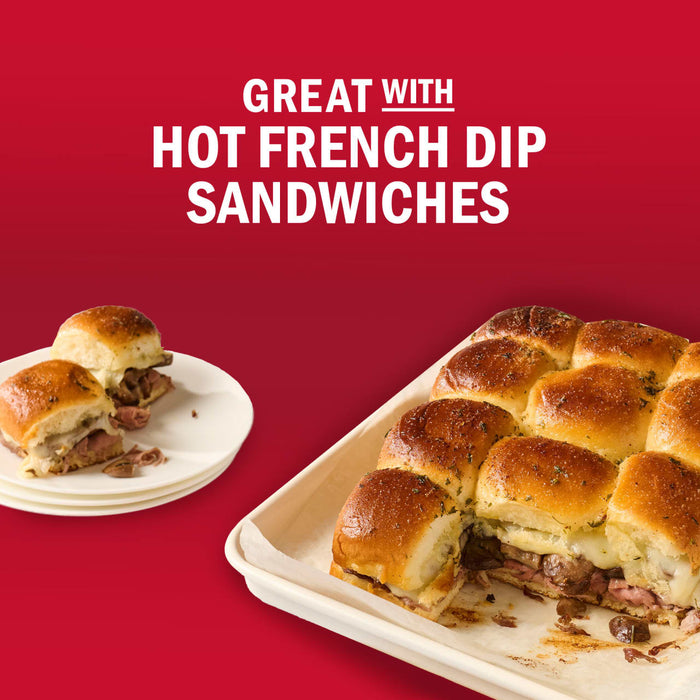 A tray of hot French dip sandwiches is shown, suggesting they are great for sharing.