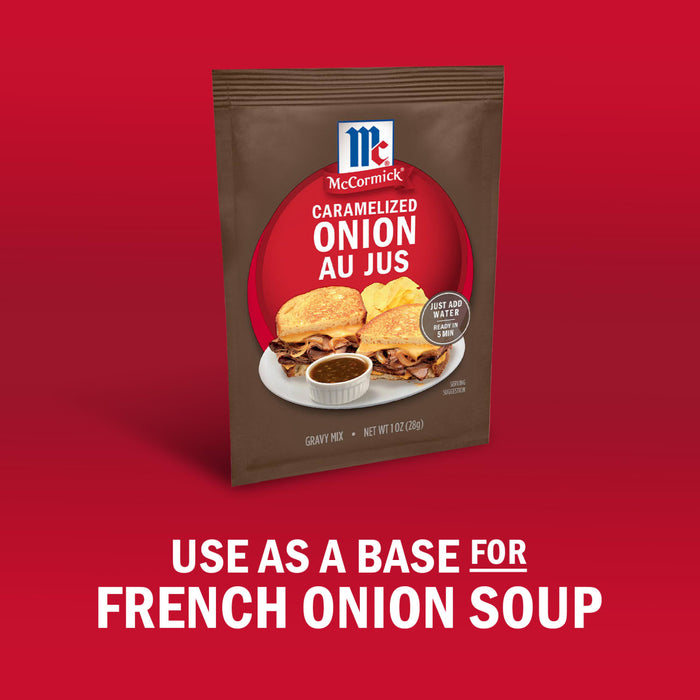 McCormick Au Jus Gravy Mix packet, suggested as a base for French Onion Soup.