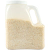 A clear plastic container with a handle is partially filled with white rice.