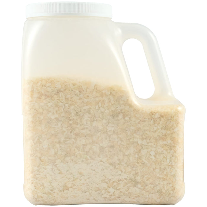 A clear plastic container with a handle is partially filled with white rice.