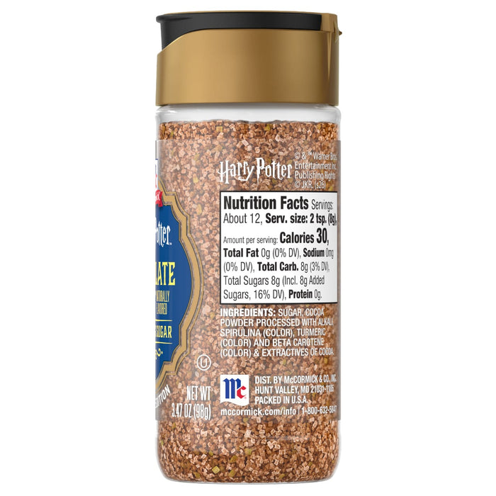 The back of a clear shaker bottle of Mccormick, 3.47 Oz Harry Potter Chocolate Flavored Sugar, showing the nutrition facts and ingredients list.