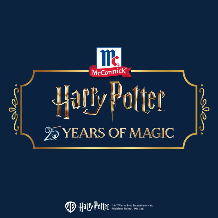 A promotional illustration for the Mccormick Harry Potter Chocolate Frog Finishing Sugar, 3.47 Oz, features the McCormick and Harry Potter logos with the text 25 Years of Magic on a dark blue background.