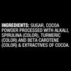 The ingredients list for the Mccormick, 3.47 Oz product, showing sugar, cocoa powder processed with alkali, spirulina, turmeric, beta carotene, and extractives of cocoa.