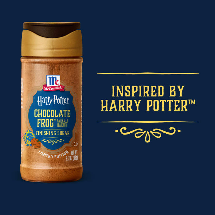 A bottle of Mccormick Harry Potter Chocolate Frog Finishing Sugar, 3.47 Oz is shown on the left against a dark blue background with the text Inspired by Harry Potter on the right.