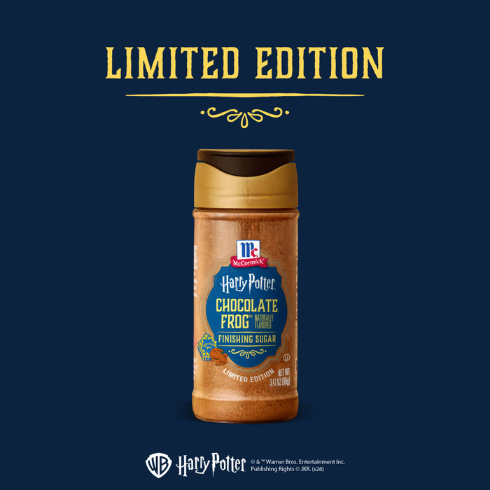 A bottle of the limited edition Mccormick Harry Potter Chocolate Frog Finishing Sugar, 3.47 Oz is centered against a dark blue background with gold text.