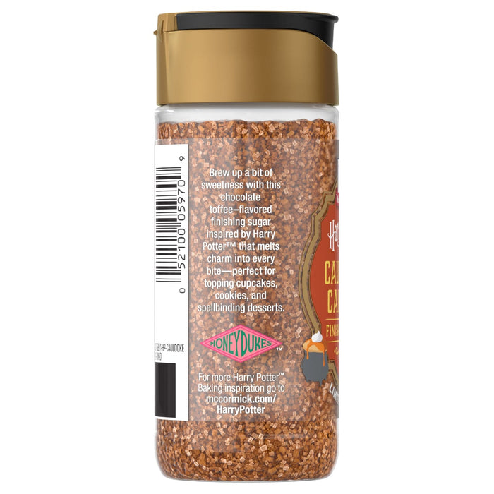 A clear plastic shaker bottle of Mccormick Ravenclaw Finishing Sugar Harry Potter 3.37 Oz, a chocolate toffee-flavored finishing sugar, stands upright against a white background.