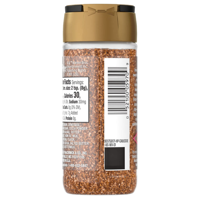 A clear plastic shaker bottle of Mccormick Ravenclaw Finishing Sugar Harry Potter 3.37 Oz is shown, filled with brown sugar crystals, with a gold cap and a nutrition label visible on the side.