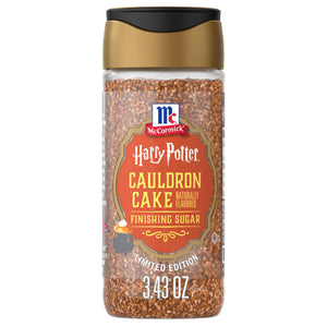 A clear shaker bottle of Mccormick Harry Potter Cauldron Cake Finishing Sugar, 3.43 Oz, is shown against a white background.