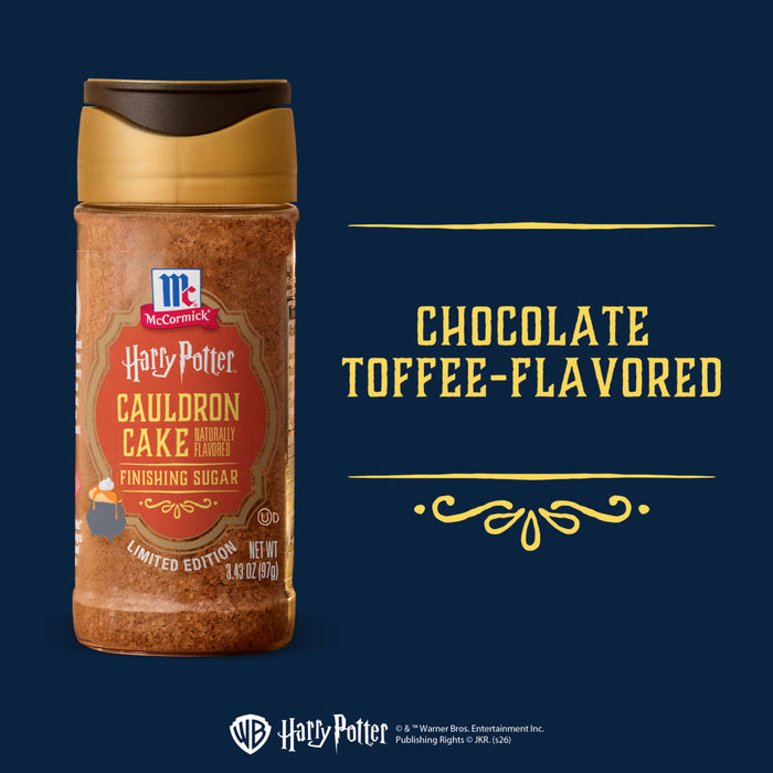 A bottle of the limited edition Mccormick Harry Potter Cauldron Cake Finishing Sugar, 3.43 Oz, is shown against a dark blue background, with text identifying the flavor as chocolate toffee-flavored.