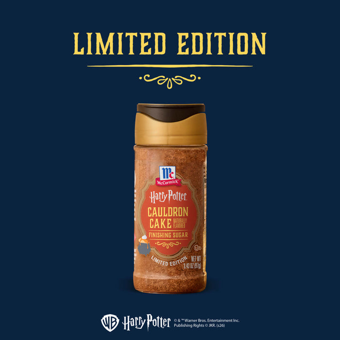 A bottle of the limited edition Mccormick Harry Potter Cauldron Cake Finishing Sugar, 3.43 Oz is centered against a dark blue background with the words LIMITED EDITION in gold text above it.