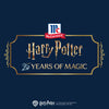 A promotional illustration for the Mccormick Harry Potter Licorice Wand Finishing Sugar, 3.39 Oz features the McCormick and Harry Potter logos above text that reads, 25 Years of Magic, all set within a gold frame on a dark blue background.
