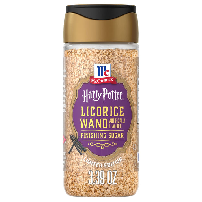 A clear shaker jar of Mccormick Harry Potter Licorice Wand Finishing Sugar, 3.39 Oz, is shown against a white background.