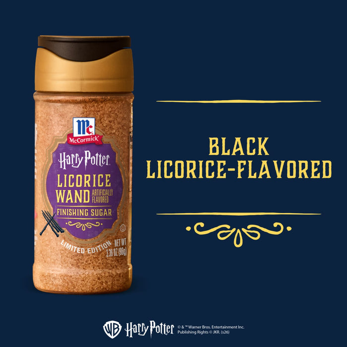 A shaker of Mccormick Harry Potter Licorice Wand Finishing Sugar, 3.39 Oz, is shown against a dark blue background with the words Black Licorice-Flavored.