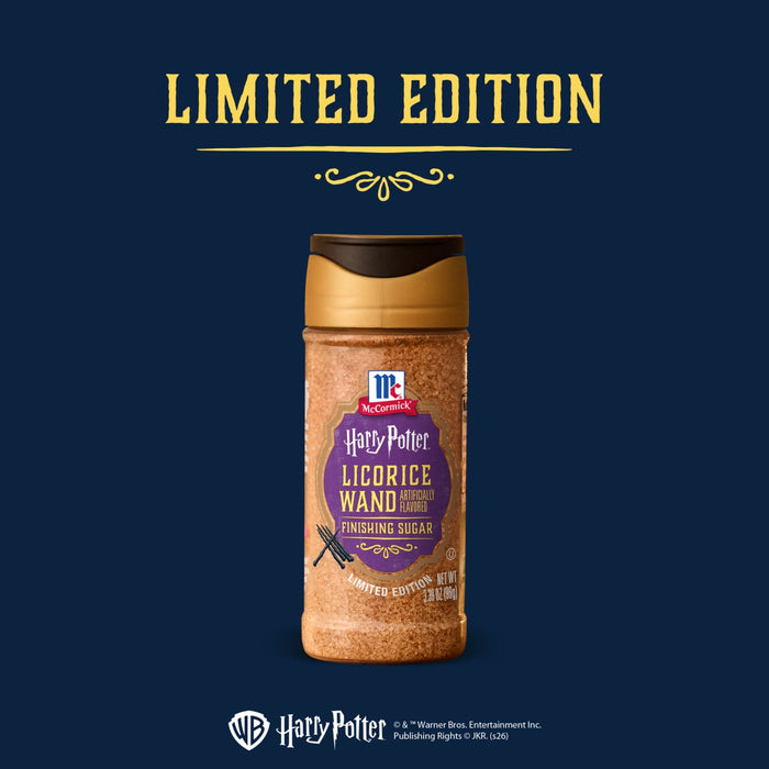 A product shot of Mccormick Harry Potter Licorice Wand Finishing Sugar, 3.39 Oz, is displayed against a dark blue background with the words LIMITED EDITION above it.