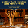 A promotional image displays Licorice Wand Finishing Sugar Pastry Twists, a recipe featuring Mccormick Harry Potter Licorice Wand Finishing Sugar, 3.39 Oz, arranged in a jar on a desk in a cozy library.