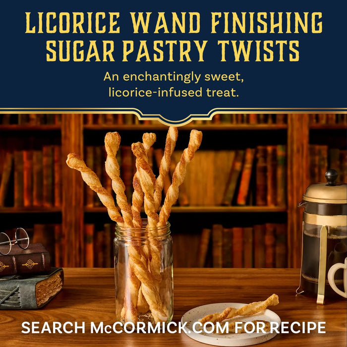 A promotional image displays Licorice Wand Finishing Sugar Pastry Twists, a recipe featuring Mccormick Harry Potter Licorice Wand Finishing Sugar, 3.39 Oz, arranged in a jar on a desk in a cozy library.