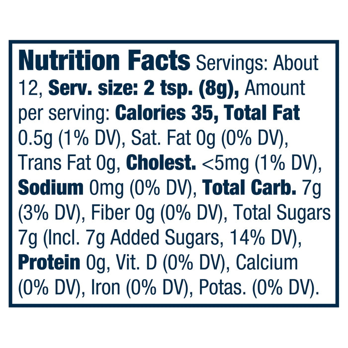 This is a nutrition facts label showing that a serving size of 2 teaspoons contains 35 calories, 0.5g of fat, 7g of carbohydrates, and 7g of sugar.