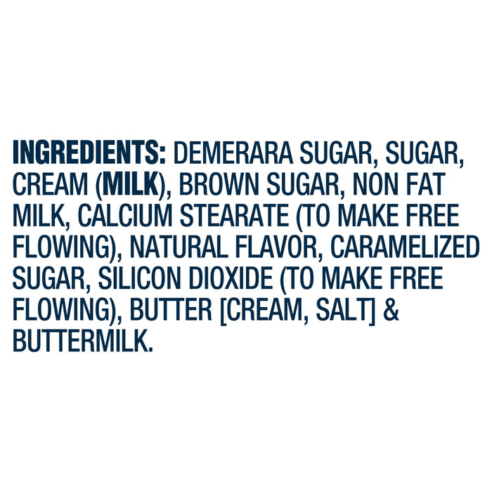 The image shows the ingredient list for a food product, including demarara sugar, sugar, cream, brown sugar, and buttermilk.