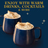 Two blue mugs filled with whipped cream and sprinkled with brown sugar, presented with the text "Enjoy with warm drinks, cocktails &amp; more."
