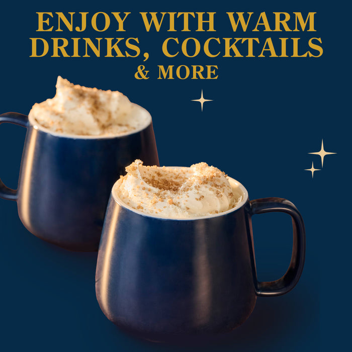 Two blue mugs filled with whipped cream and sprinkled with brown sugar, presented with the text "Enjoy with warm drinks, cocktails &amp; more."