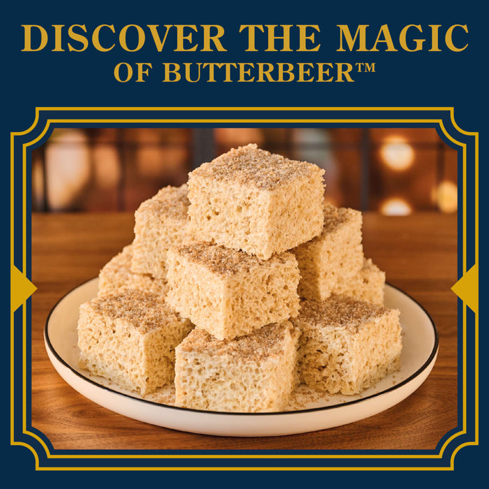 A stack of butterbeer flavored rice crispy treats are displayed on a white plate, promoting the magic of butterbeer.