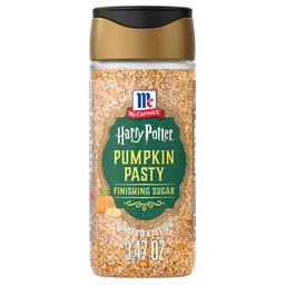 A clear bottle of Mccormick Harry Potter Pumpkin Pasty Finishing Sugar, 3.47 Oz, is shown against a white background.