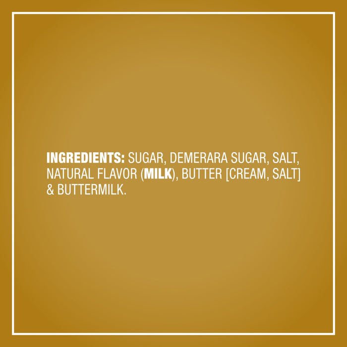 The ingredient list for Mccormick Salted Caramel Cheesecake Seasoning Mix 1.62 Oz includes sugar, demerara sugar, salt, natural flavor with milk, butter, and buttermilk.